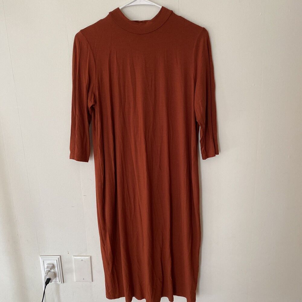 eileen fisher M Dress Midi Burnt Orange Stretch Slinky Flowy 3/4 Sleeve Viscose